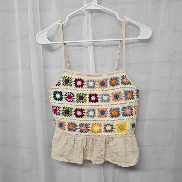 Tan Granny Square Crochet Tank Y2K Boho Hippie Granola Festival S - Picture 8 of 11